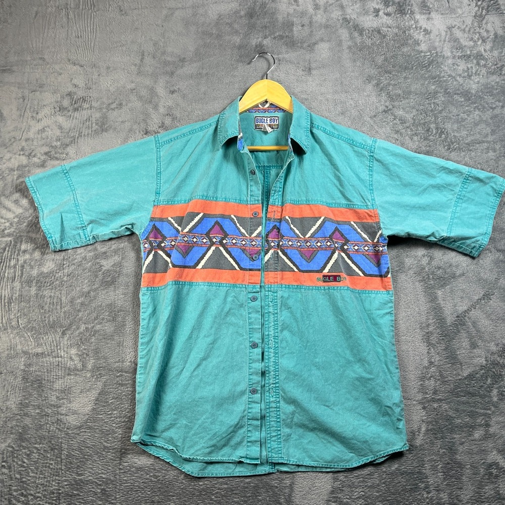 Vintage Bugle Boy Mens Shirt XL Blue Aztec Tribal Graphic Short Sleeve Button Up